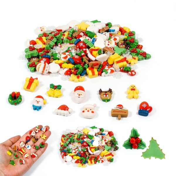 Hiawbon 170Pcs Christmas Miniature Figurines, Assorted Craft Resin Christmas Miniature Ornaments Set, Tiny Snowflakes Holly Leaves Berries, Xmas Ornaments Decor for Fairy Garden-2